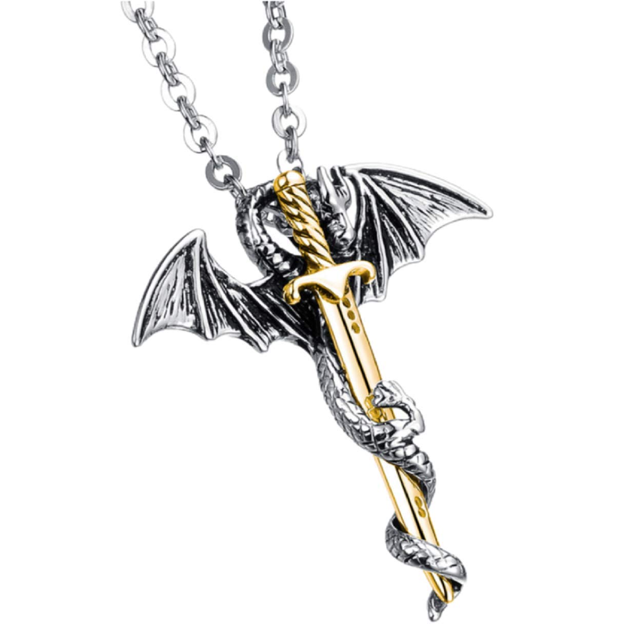 MayiaHey Gold Wing Dragon Sword Necklace for Men and Boys, 22 Inch Stainless Steel Cross Sword Necklace
