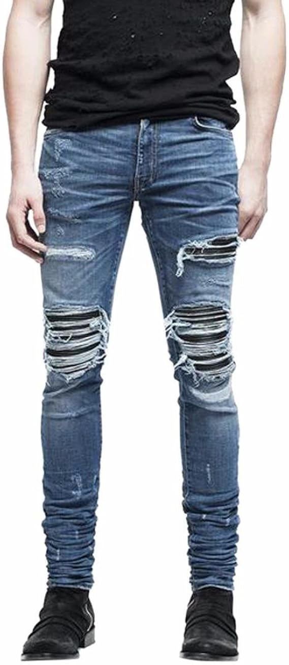 Amazon Daisuki メンズ ジーンズ デニム ロングパンツ デニム スキニー パンツ ジーンズ 細身 メンズ きれいめ オフィス カジュアル ダメージ スキニー デニム パンツ ジーンズ ブルー 28 ブルー ロングパンツ 通販