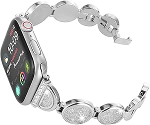 Fohuas bling crystal Band for Apple Watch 42mm/44mm Series 5 4 3 2 1, Adjustable Stainless Steel iWatch Bracelet Fashion Rhinestone Wristband bling Strap for iwatch silver