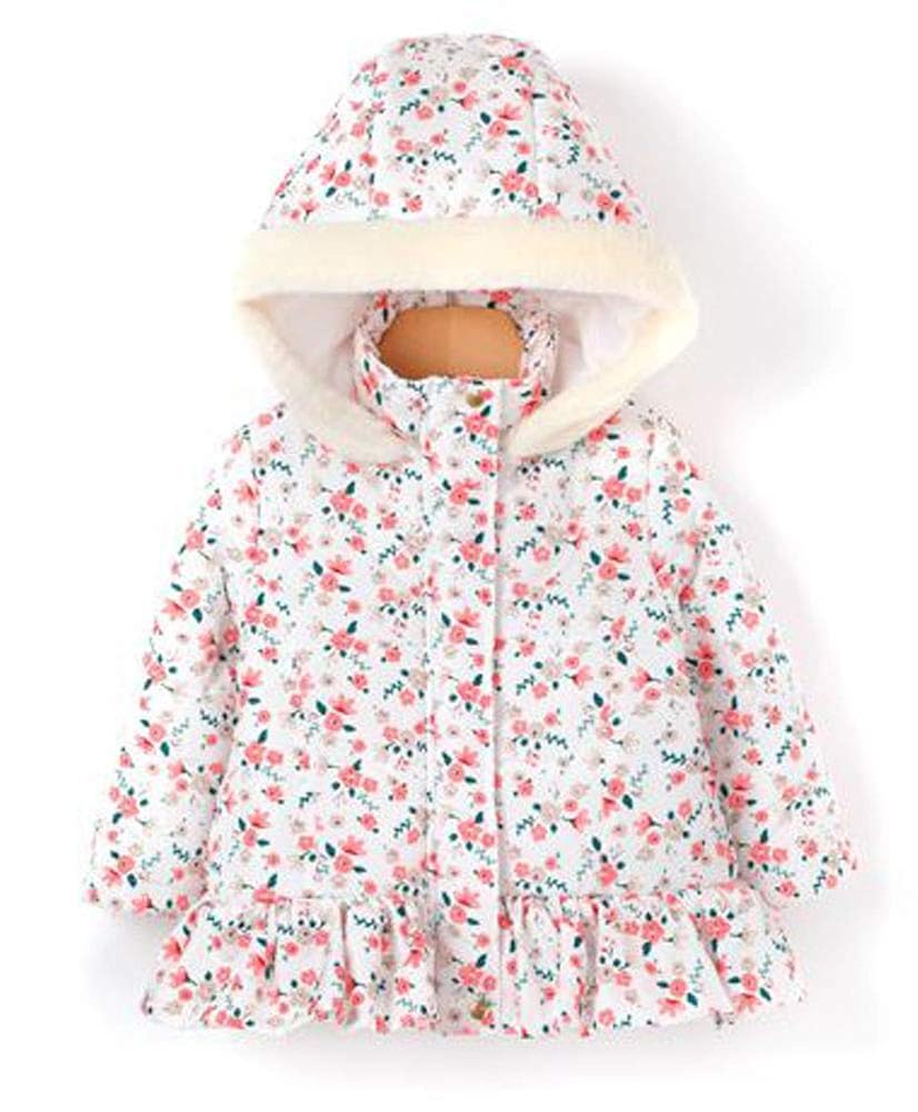 Merry Flower Little Girls Ivory Flower Patterned Winter Jacket with