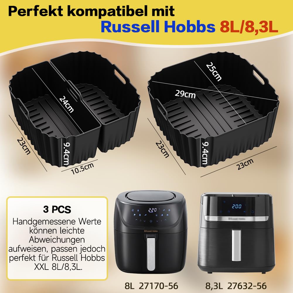 3 Stück Silikonform Heißluftfritteuse für Russell Hobbs Air Fryer XXL 8L (27170-56) / 8,3L (27632-56), Airfryer Silikonform Wiederverwendbare Luftfritteuse Einsätze Backform, spülmaschinenfest 2