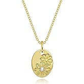 14k Gold Plated Birth Flower Necklace for Women, 925 Sterling Silver Oval Medal Pendant with Birthstone, Minimalist Floral Charm Jewelry, Anniversary Birthday Gift for Her Mom Wife Friends
