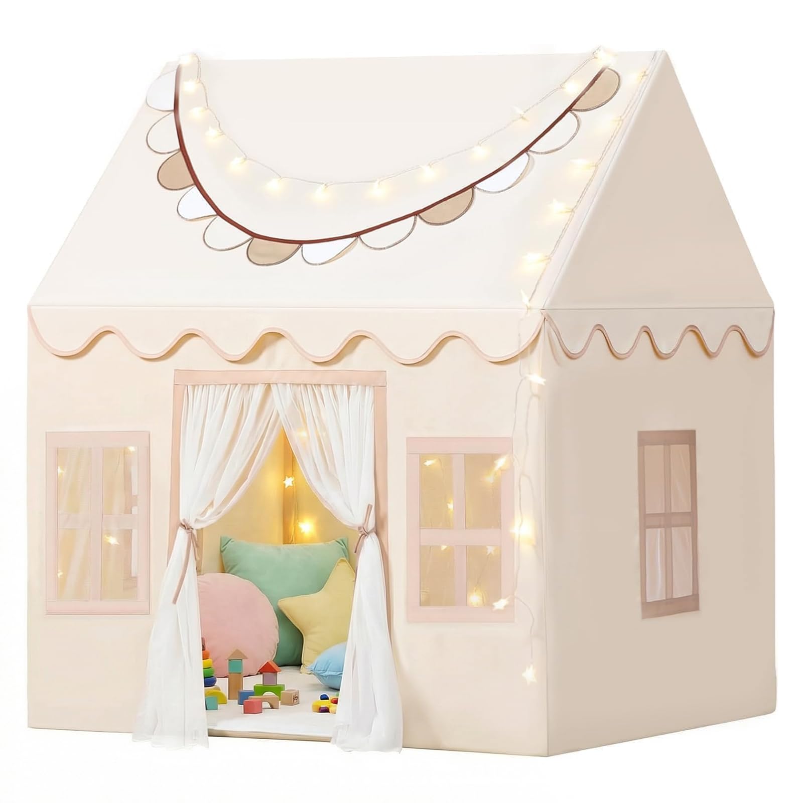 Wilwolfer Play Tent with Lights, Cloth Banners- Kids Tent Indoor - Toddlers Playhouse with Windows - Large Toddler Tent for Kids -Toy House Gift for Boys & Girls