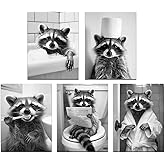 Medpol Funny Bathroom Decor Wall Art Set of 5 Canvas Poster Funny Black and White Raccoon Bathroom Wall Art Pictures for Home Decor Bathroom Art Wall décor 08x10x5 inch Unframed