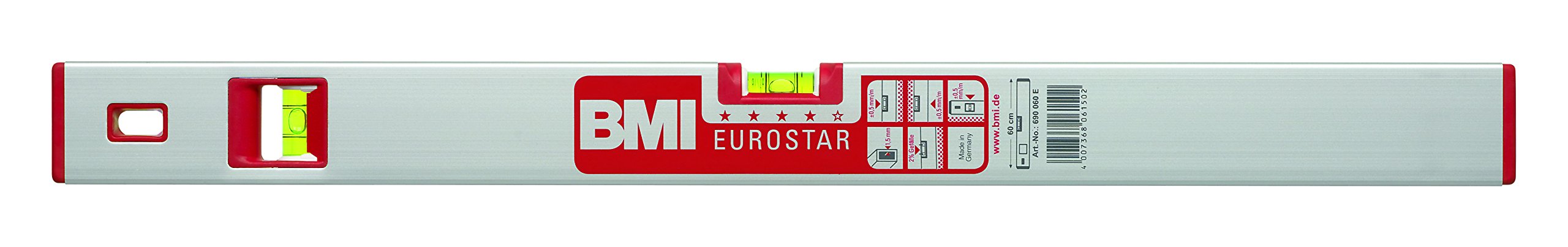 BMI 690090ES "Eurostar" Alu-Spirit Level with 2 Vertical Vials, Silver/Red, 90 cm