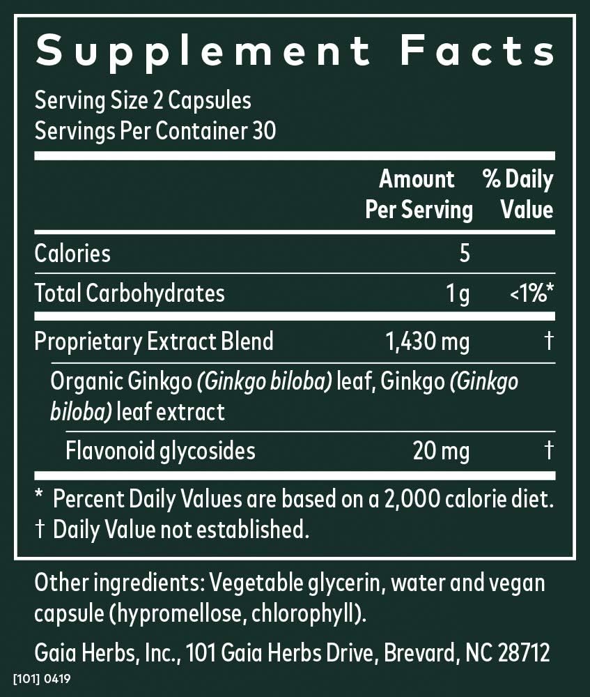 Gaia Herbs Ginkgo Leaf, Vegan Liquid Capsules, 60 Count - Daily Brain Health and Mental Focus Supplement with Antioxidants, Organic Ginkgo Biloba 1380mg Per Serving: Health & Personal Care