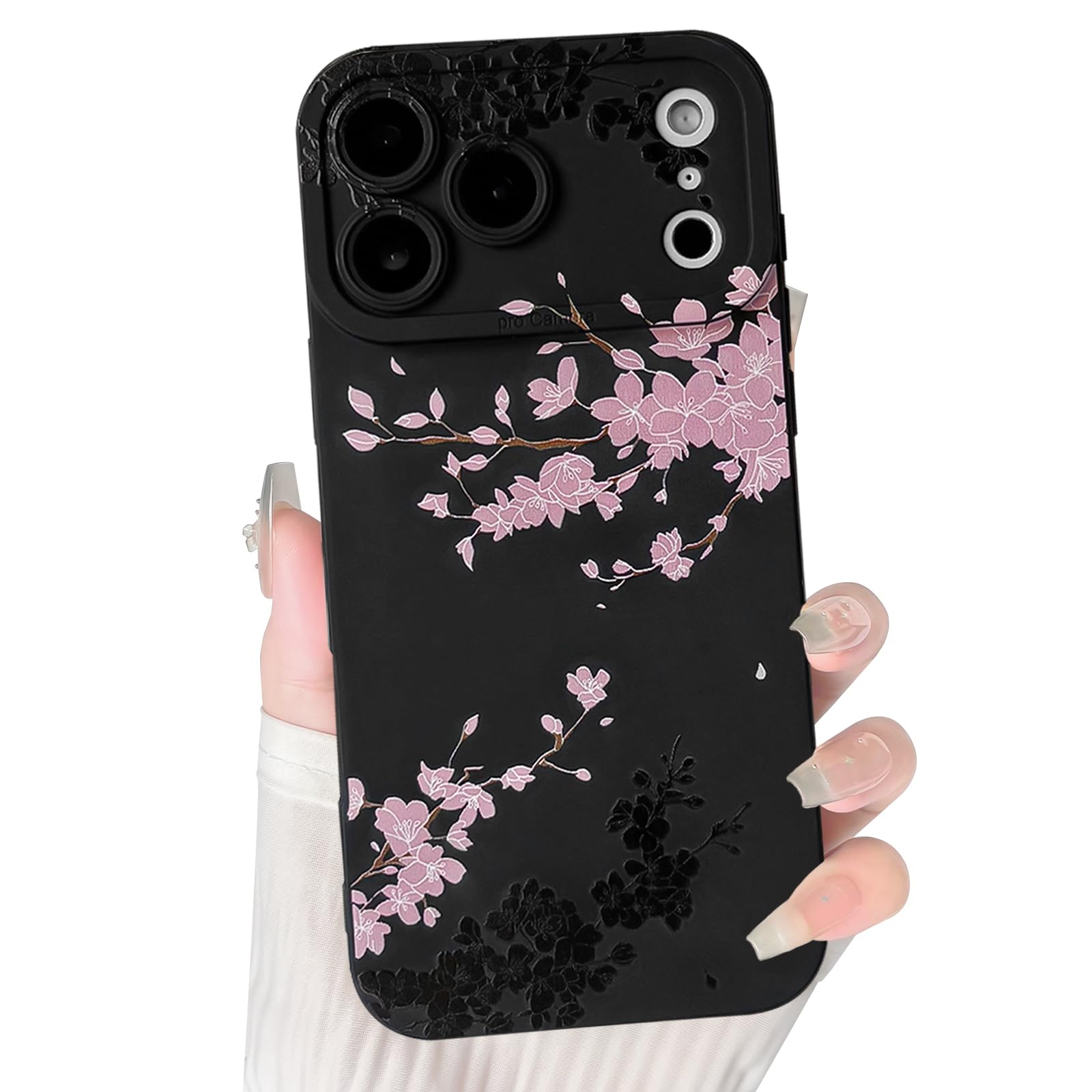 NITITOP Compatible for iPhone 17 Pro Case Cute Aesthetic Cherry Blossom Pattern Design for Women Girls Soft TPU Shockproof Full Camera Protective Phone Cover - Black Pink