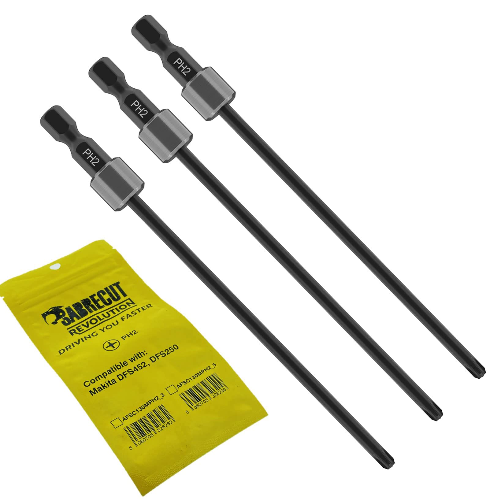 3 x SabreCut AFSC130MPH2_3 130mm PH2 for Makita DFS250 DFS452 199155-7 Autofeed Collated Drywall Screwdriver Gun Bit Single Ended Phillips No.2 Heavy Duty