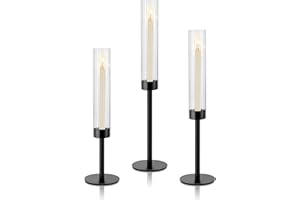 ASHELYULLA Black Hurricane Candle Holders, Set of 3 Glass Taper Candlestick Holders Metal Candle Stands Bulk with Ribbed Glass Cover for Dining Tables Wedding Candelabra Centerpieces Decor