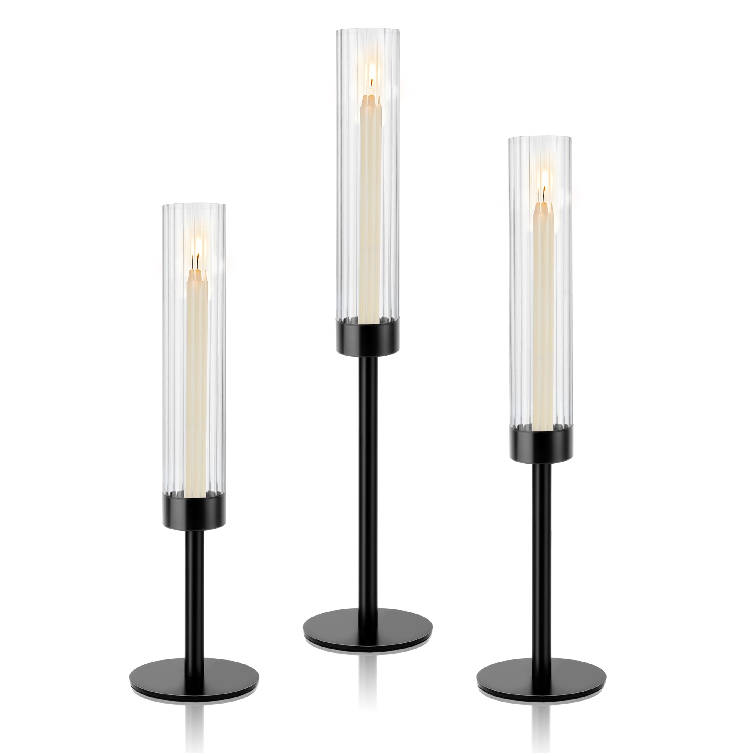 Photo 1 of Black Hurricane Candle Holders, Set of 3 Glass Taper Candlestick Holders Metal Candle Stands Bulk with Ribbed Glass Cover for Dining Tables Wedding Candelabra Centerpieces Decor