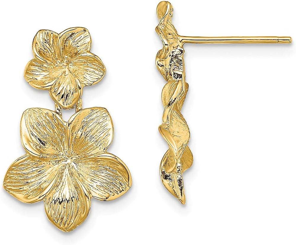 14k Yellow Gold Double Plumeria Flower Dangle Earrings (L