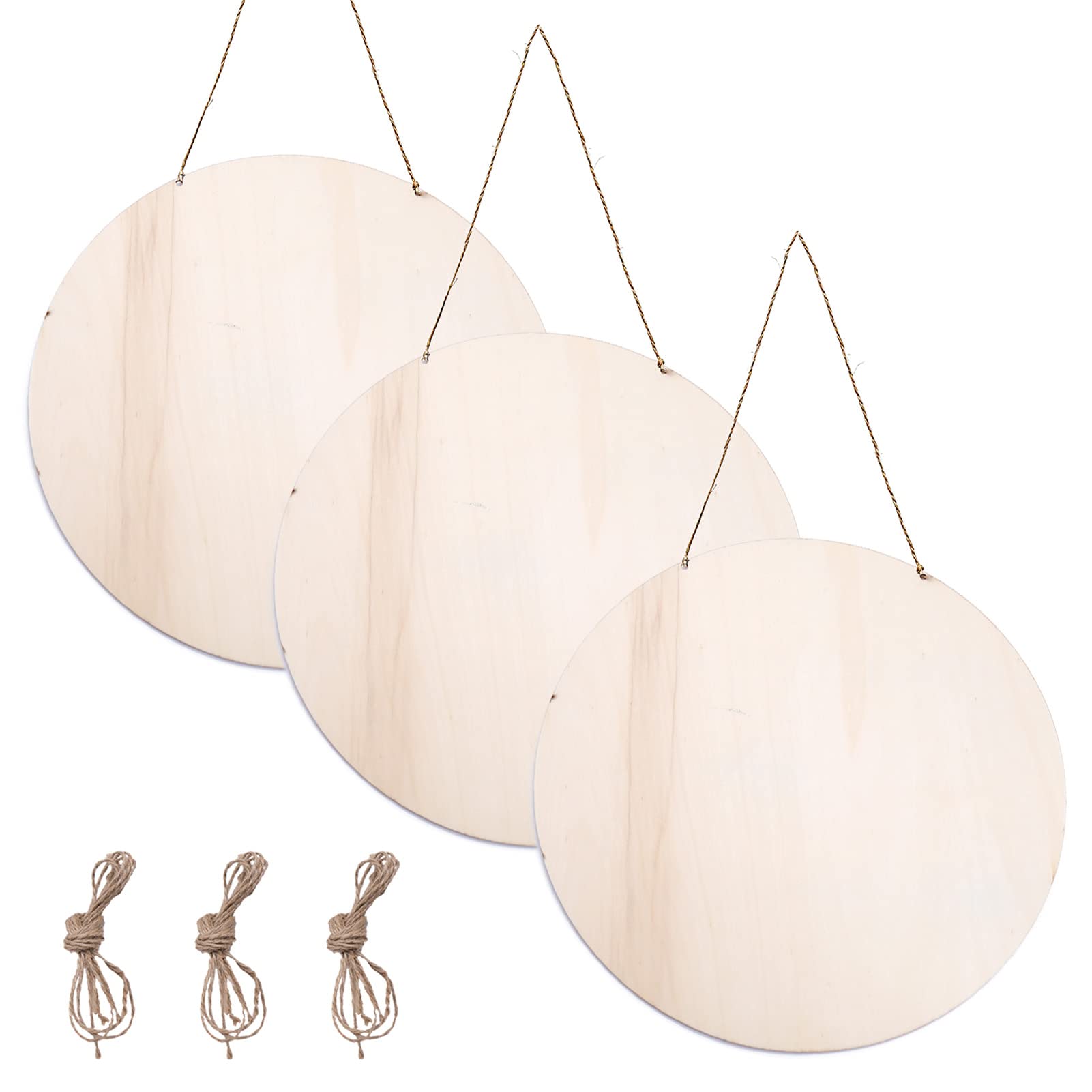 3 Pcs Unfinished Hanging Wood Signs Wood Circles 30cm for Crafts 3mm Thick Wooden Plaques Blank Decorative Wooden Plaque, Round Wooden Sign with Ropes for Painting Pyrography Writing DIY Home Decor