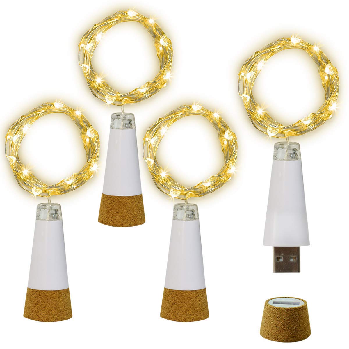 NeoJoy Wine Cork Lights, Rechargeable Bottle Fairy String Lights with 15 LED for DIY Artificial Parties Centerpiece Bedroom Decoration Gift (Warm White, 4PCS)