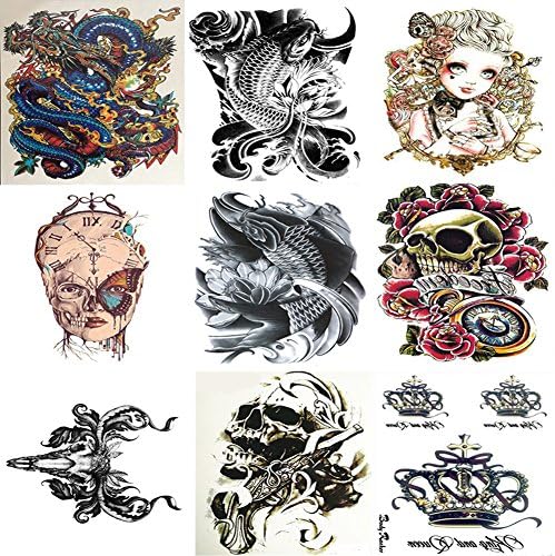 Temporary Tattoos Arm, Body ,Chest ,Back Tattoo Sticker for Men and Women 9 Sheets (Dragon,Skull Head,Fish,Butterfly Face,Crown,Doll,Fire Sheep Head)