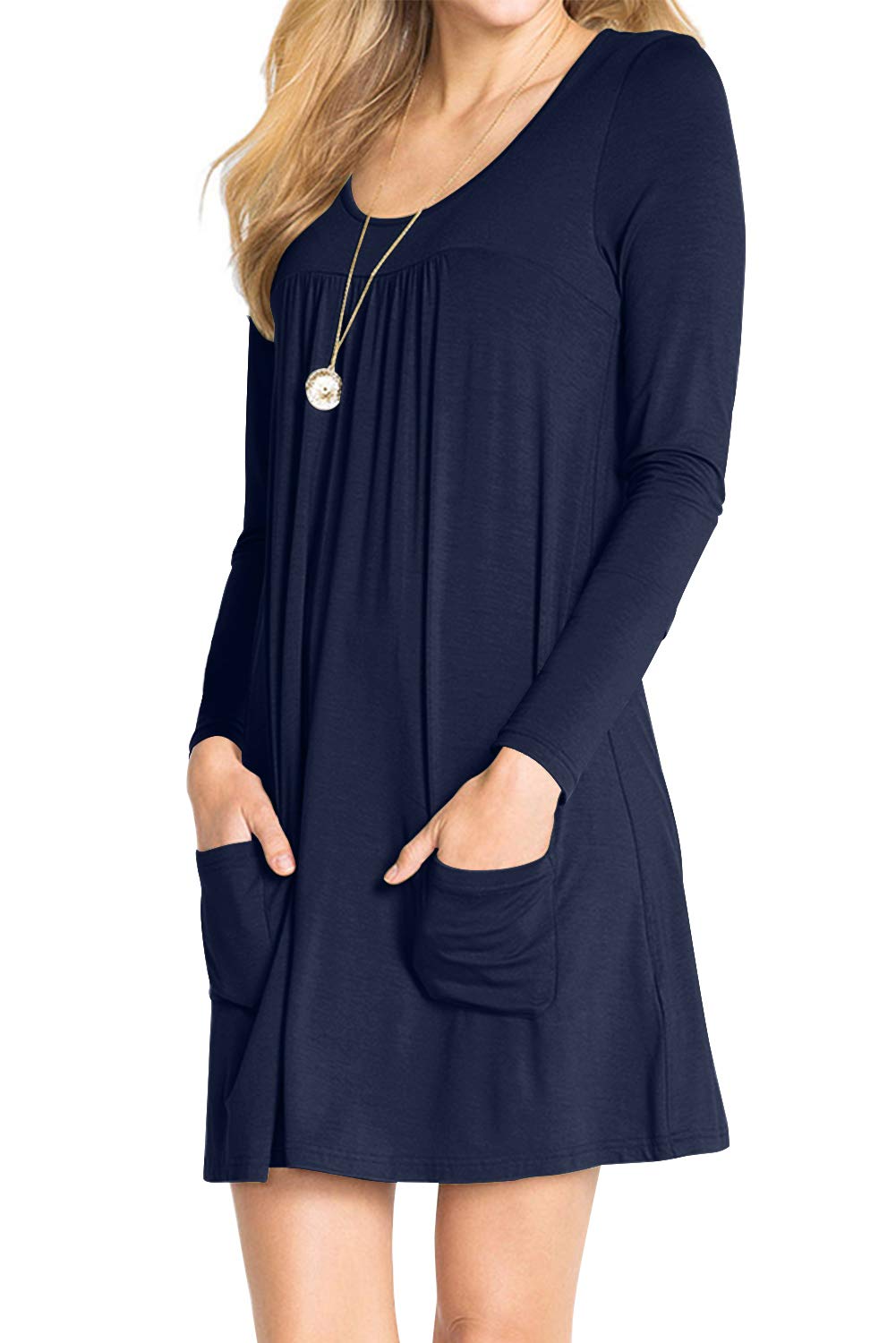 AMCLOS Womens V Neck Dress Casual Swing Simple Ruffle Button up Loose Dresses 3/4 Sleeve Long Sleeve (Medium, U Neck-Royal Blue)