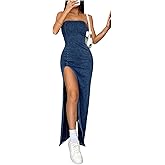 Milumia Women's Strapless Denim Tube Dress Sexy High Slit Bodycon Going Out Long Maxi Dresses