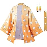 IOONCHI Tanjirou Robe Adult Green Plaid Cloak Kamado Tanjirou Cosplay Costume Color Block Kimono Cardigan Jacket Earrings Set