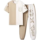 WDIRARA Boy's Two Piece Graphic Print Short Sleeve T Shirts and Elastic Waist Pants Clothing Set