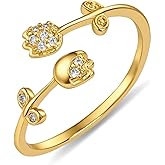 Zikichiky 14K Gold Plated Cubic Zirconia Flower Open Ring Dainty Statement Adjustable Ring for Women Valentine's Day