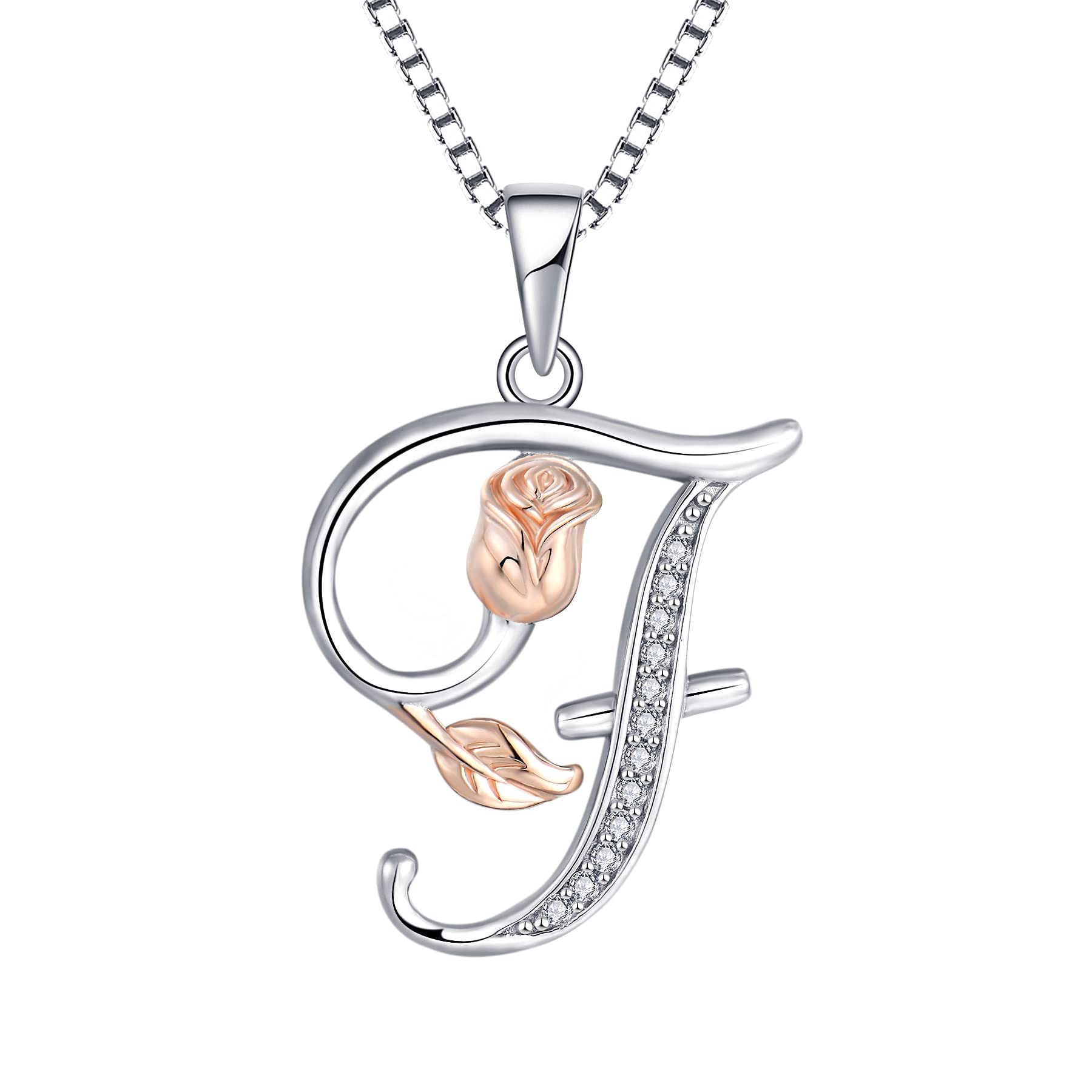 starchenie Alphabet Rose necklace Letter F Necklace Zirconia Pendant 925 Sterling Silver Necklace for Women