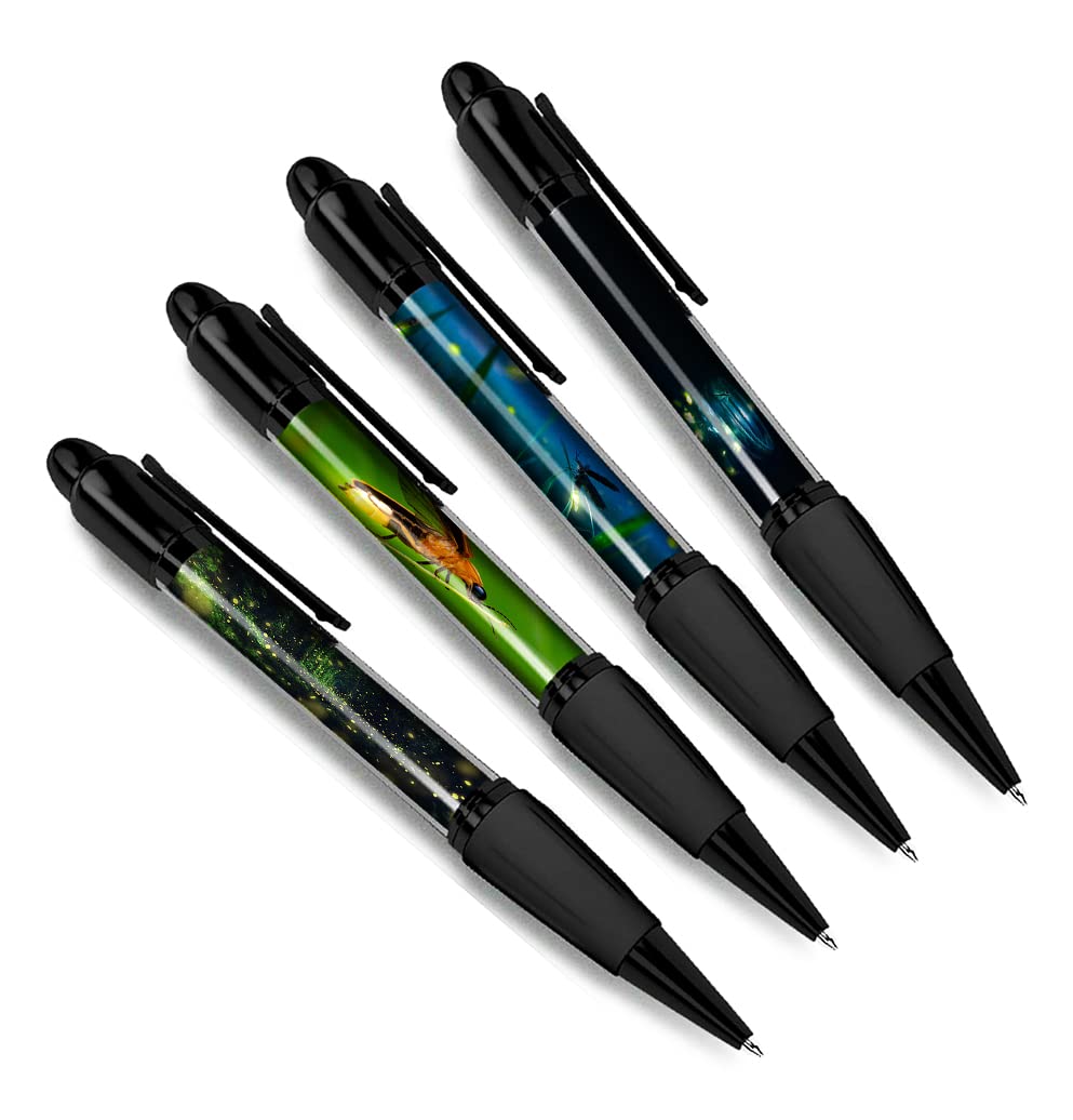 DV DESIGN Set of 4 Fireflies Black Ballpoint Pens - Firefly Animal Nature Wildlife Wild Travel Portrait Boys Girls Men Women Theme Pen #79447