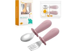 Qkie Toddler Utensils, Toddler Forks and Spoons, Baby Spoons Self Feeding, Stainless Steel Baby Silverware with BPA Free Silicone Easy Grip, 8 Months+