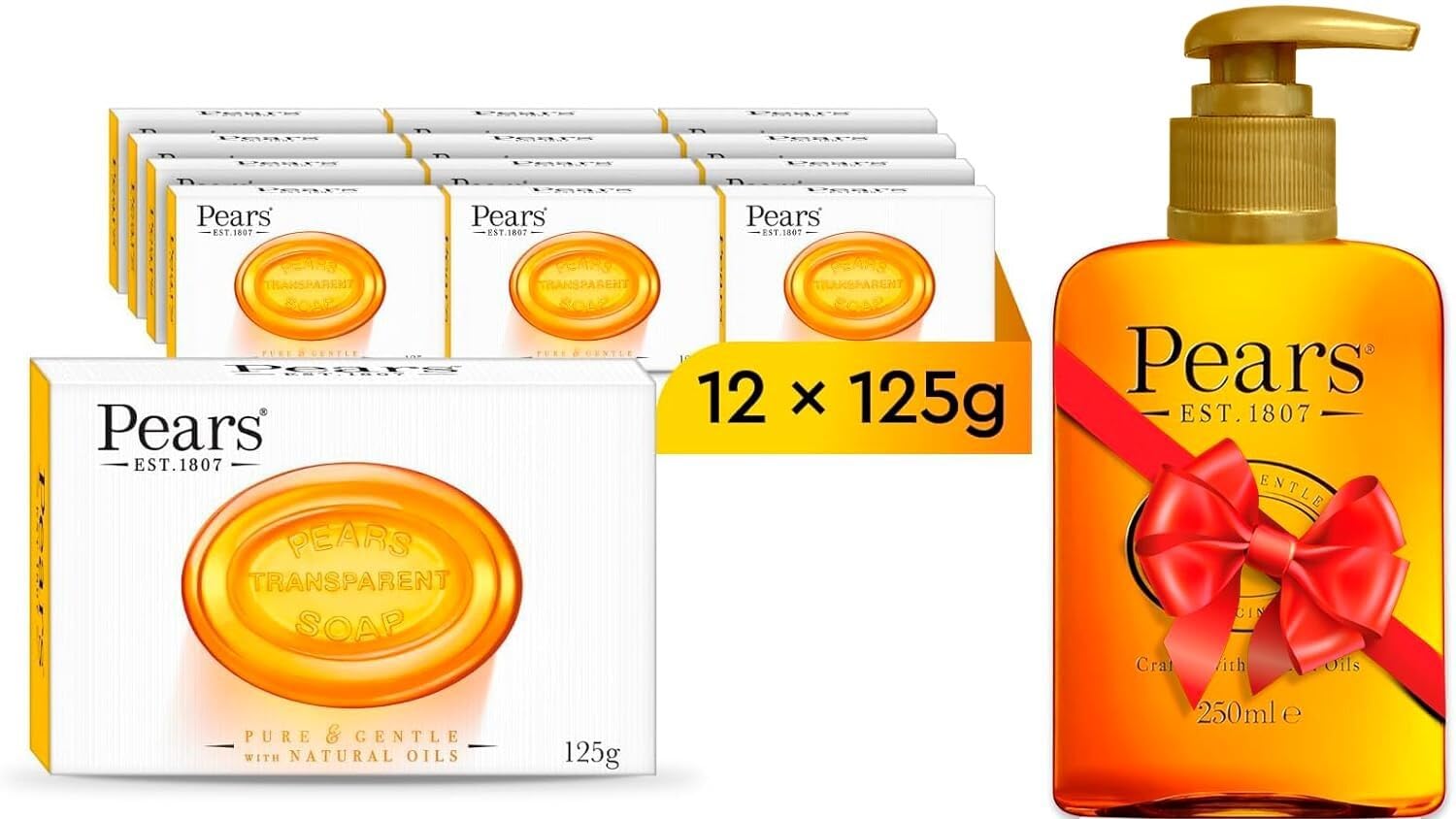 Pears Transparent Amber Soap 125 g Pack of 12 + Pears Hand Wash Original 250ml