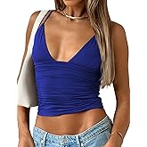 YFANG Women's Sexy Deep V-Neck Ruched Crop Tank Top Slim Fit Spaghetti Straps Crop Top