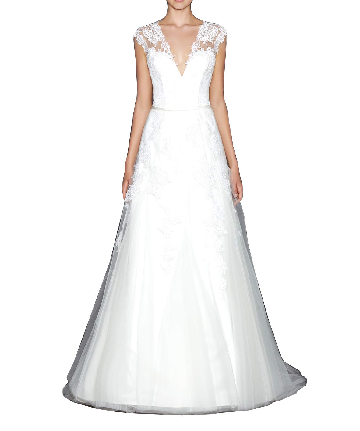KAQDRESS Applique Deep VNeck Zipper Aline Tulle Train Wedding Dress