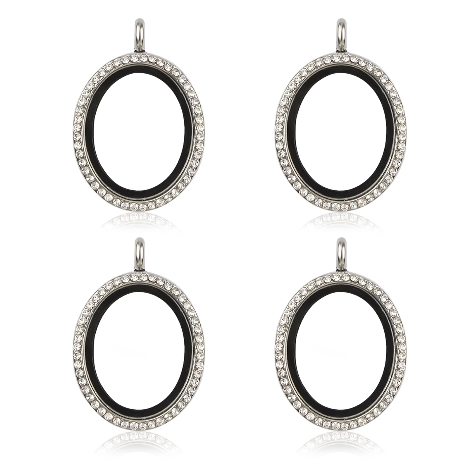 WANDIC Rhinestone Photo Charm, 4 Pcs Oval Silver white Crystal Photo Pendant Bridal Wedding Bouquet Charms Living Floating Memory Lockets for 2 Pictures