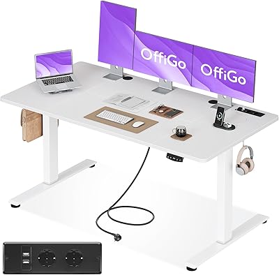 OffiGo Höhenverstellbarer Schreibtisch, 160x80cm Elektrischer Schreibtisch mit Steckdosen und USB Ladeanschluss, Tisch Höhenverstellbar mit 2 Memory Funktion, Computertisch für Büro, Zuhause, Weiß