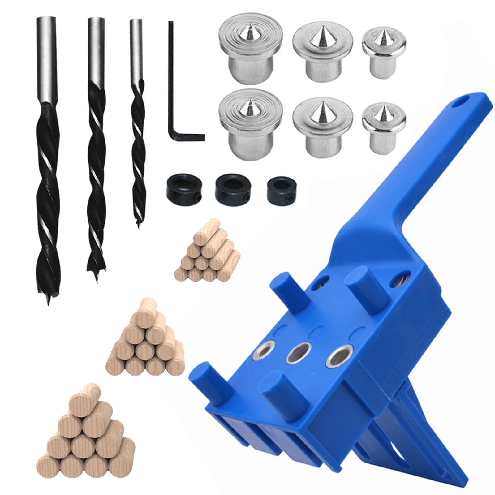 Oiieco 44Pcs Handheld Dowel Jig Kit, Wood Drilling Doweling Hole Saw Tools, Wood Dowel Hole Drilling Guide Jig Set 6/8/10mm with Drill Bits, Pins & Locator for Woodworking Joinery