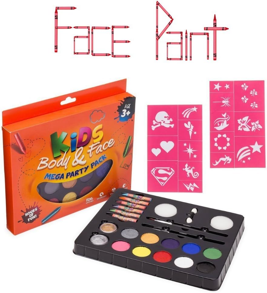 Face Paint Kit with Stencils - Face Painting Kits with Glitter Party Pack (Paints 60+ Faces!) - Child Safe Face Paints