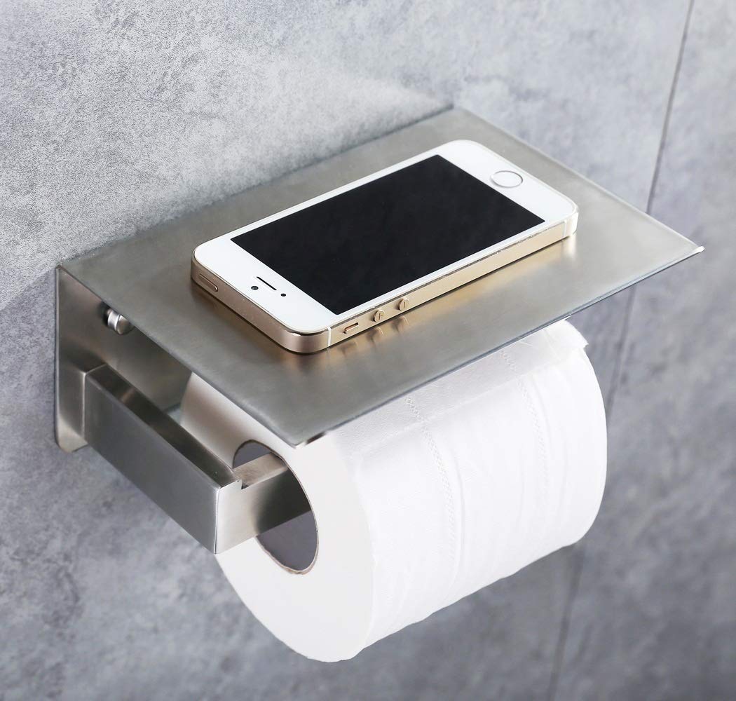 Brushed Nickel Toilet Paper Holder with Phone Shelf APL Bathroom