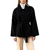 UANEO Coat for Women Wool Blend Short Peacoat Overcoat Button Tie Belt Winter Pea Coat with Pockets