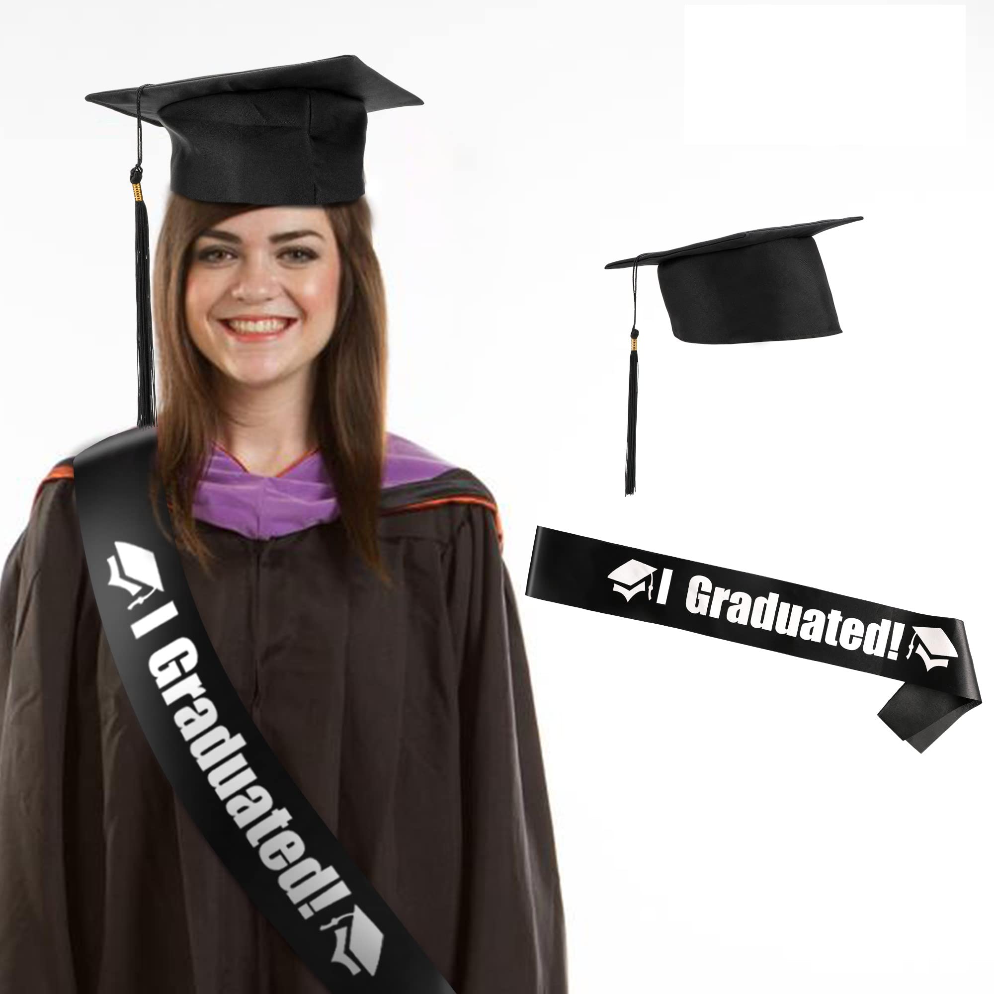 HOWAF Student Graduation Hat Cap and Graduate Satin Sash for Prime Adults Graduation Ceremony Party Favors Decoration
