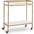 Signature Design by Ashley Plattfield Casual Antiqued 2-Tier Bar Cart with Casters, for Kitchen and Dining Room, Metallic & White