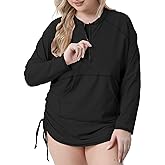 Halcurt Women's Plus Size Long Sleeve Rash Guard Swim Shirts with Pocket Half Zip Drawstring UPF50+ Swimsuit Top