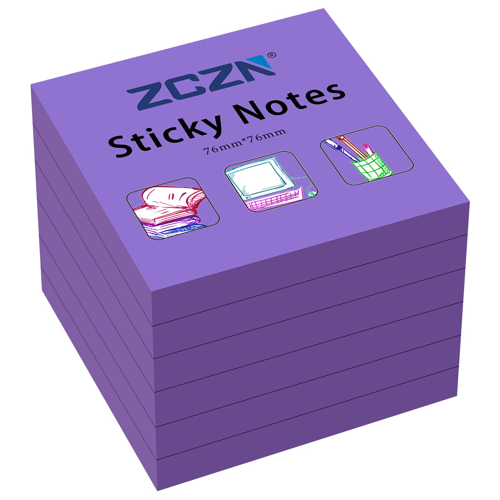 ZCZN Sticky Notes 76 x 76 mm, 6 Pads, 80 Sheets/Pad, Purple