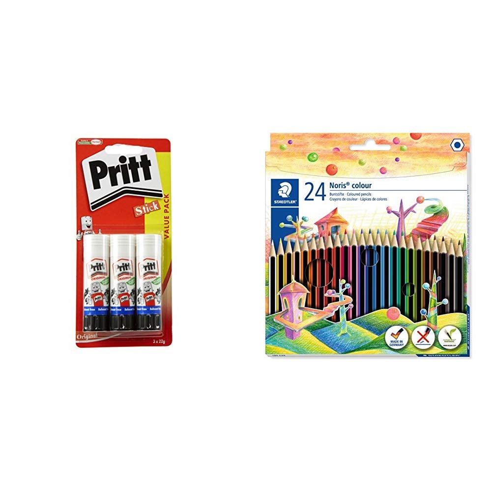 Pritt Stick Original Glue Stick - Multi Pack 3 x 22g - Childproof and washable for paper, cardboard and felt &Staedtler 185 C24 Noris Colour Colouring Pencil - Assorted Colours