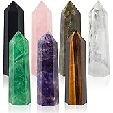 7PCS 2.2-2.6" Natural Crystals Tower Figurine Ornaments Polishing Rose Quartz Amethyst Stone Hexagonal Point Wand Obelisk Statue for Aquarium Decorative Rocks Gifts Home Decor(2.2inch/7pcs)