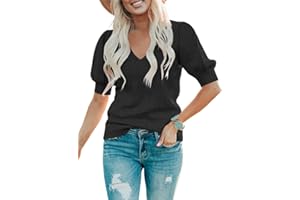 Foshow Womens Puff Short Sleeve Sweaters Tops Fall Soft Crew Neck Dot Pullover Shirt Lightweight Knit Sweater Blouse