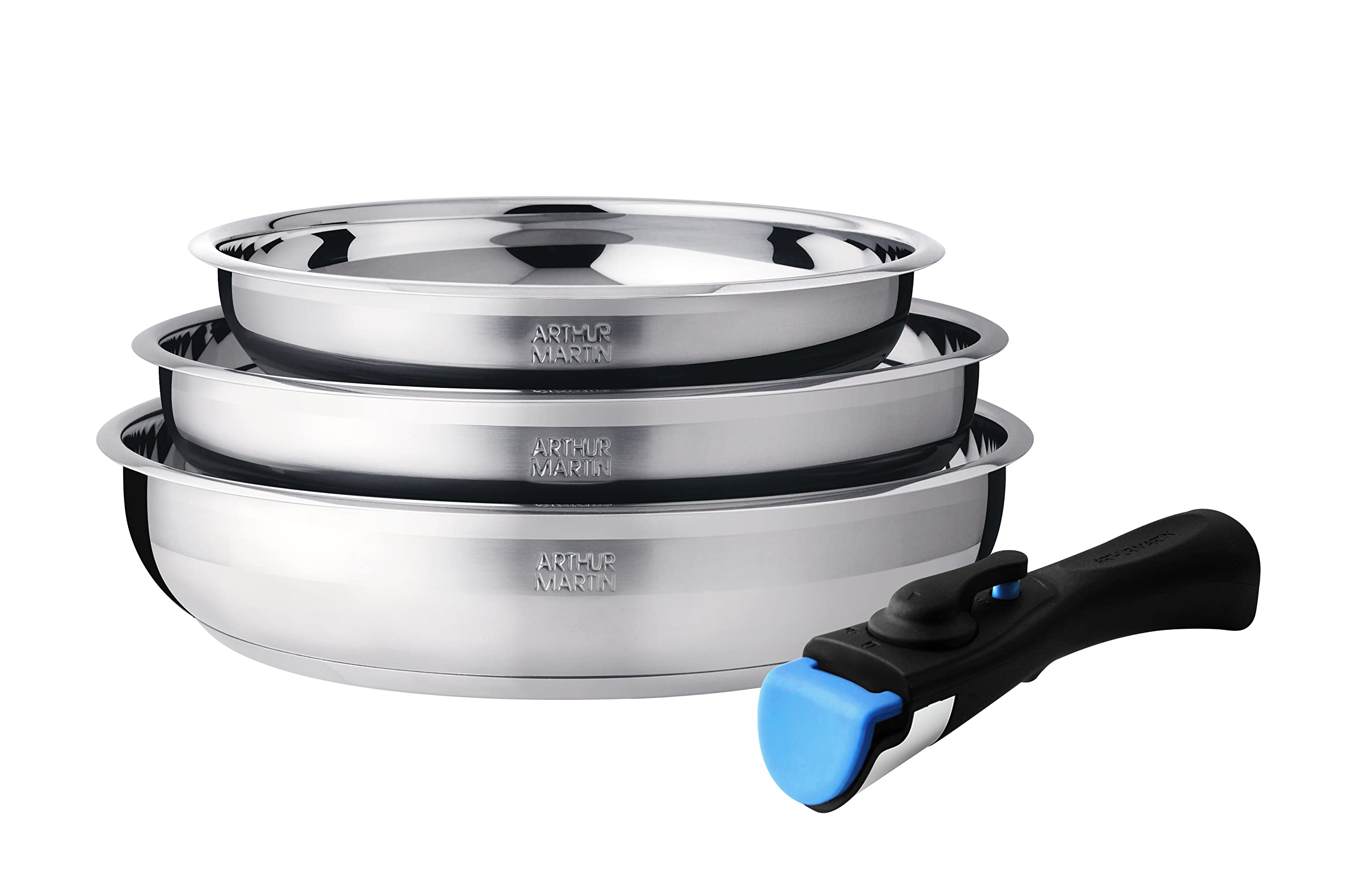 Arthur Martin AM2208 Set of 3 Stainless Steel Frying Pans (20-24-26 cm) with Removable Handle, Suitable for All Heat Sources Including Induction