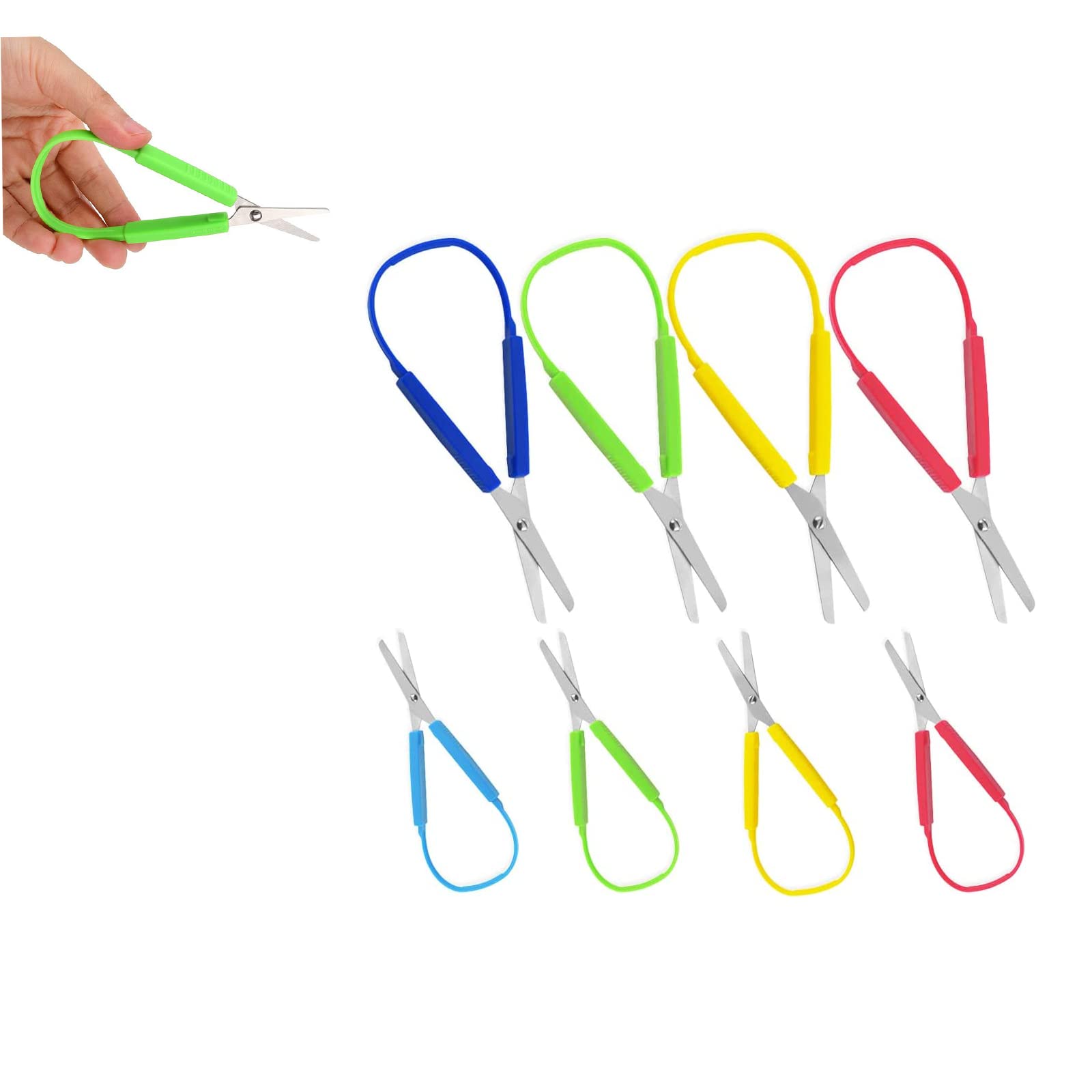 Vokowin 8 Pcs Loop Scissors, Mini Loop Scissors 5.5" and 8" Self-Opening Adaptive Grip Scissors for Easy-Open Squeeze Handle Kids, Adults, Schools Handmade and Art Teaching (Random Color)(K153-8)