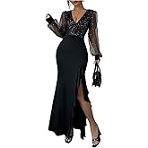 Floerns Women's Sequin V Neck Maxi Dress Mesh Long Sleeve Cocktail Party Slit Bodycon Dresses