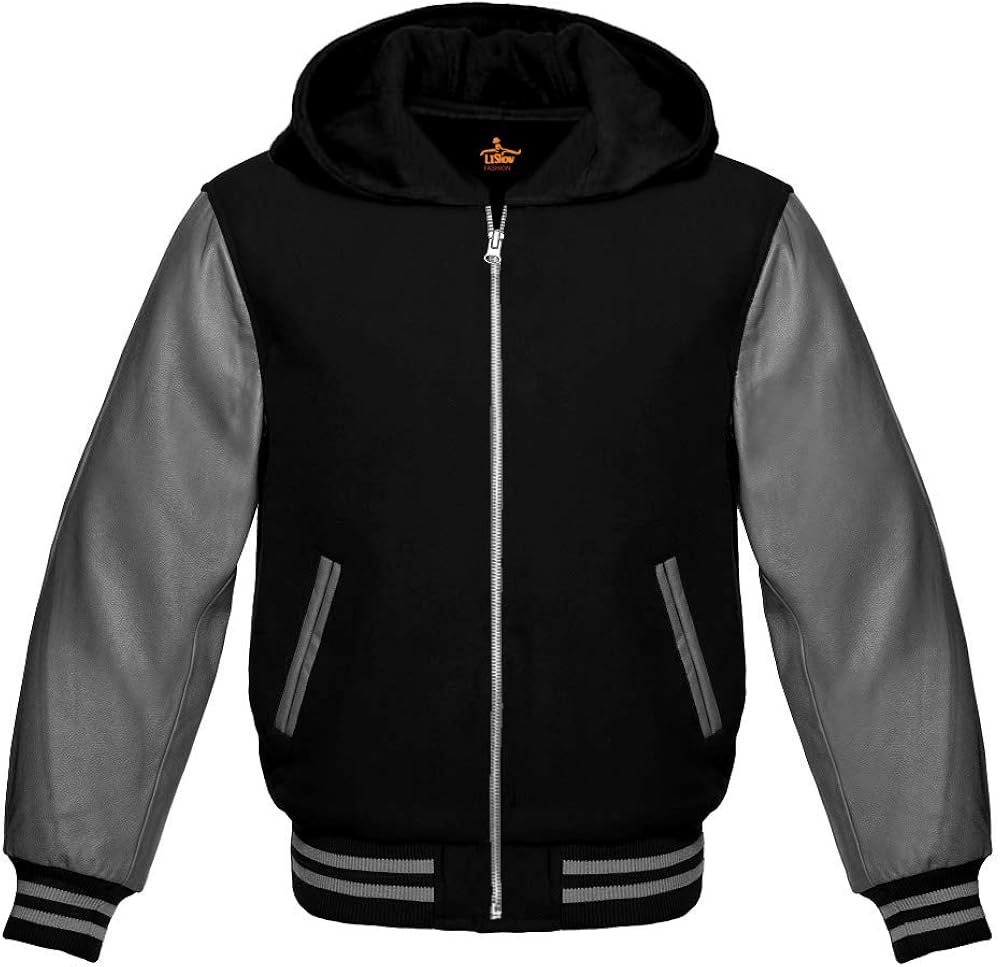 Varsity Baseball Letterman Bomber School Collage Premium Wool and Grey Leather Sleeves Hoodie