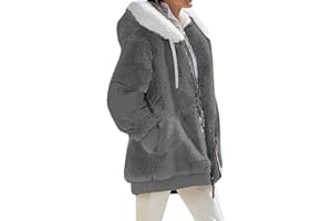 HUEAHDOU Winter Jackets for Women Full Zip Up Fuzzy Fleece Jacket Hooded Color Block Patchwork Cardigan Coats with Pockets