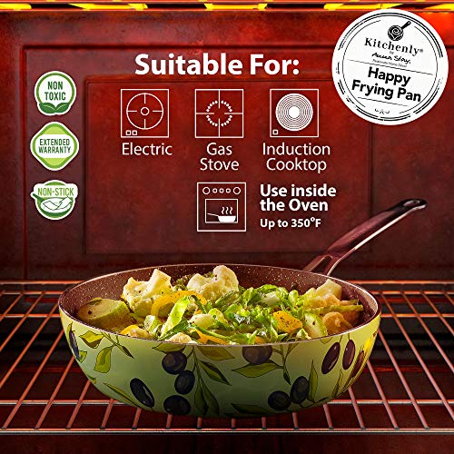 Decorative Green Non Stick Frying Pans Wok - Deep Skillets Induction Ready Hard Anodized Granite Marble Stone Coating Pan 9.5 inch for Cooking ,Baking on Stove or Oven with Stainless Steel Handle - Thumbnail 3
