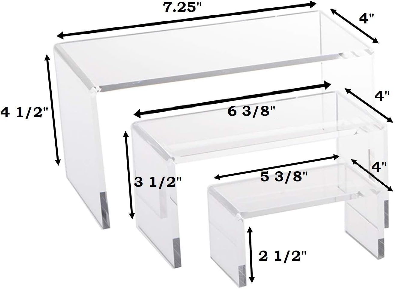 RJ Displays-3 Pieces Each Clear Acrylic risers Display Stand to Showcase Jewelry, Gifts & Collectibles in Sizes 5 3/8" inch, 6 3/8" inch, 7 1/4" inches Wide -Micro Fiber Polishing Cloth (3 Piece Set)