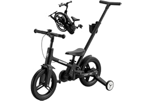 lecoco Upgraded Toddler Bike with Push Handle 6 in 1 for Kids, Balance Bicycle Toys with Training Wheels, Brackes, Cup Holder, Pedal, Kickstand Birthday Gift for Boys and Girls